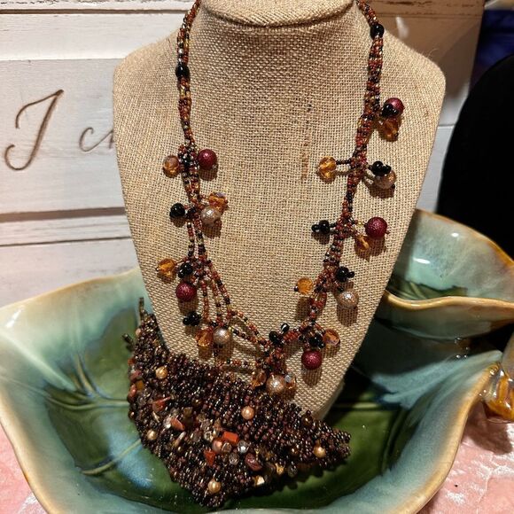 Gorgeous Handcrafted Brown Tone Glass & Gemstone Beaded Necklace & Mesh Bracelet - Picture 2 of 12